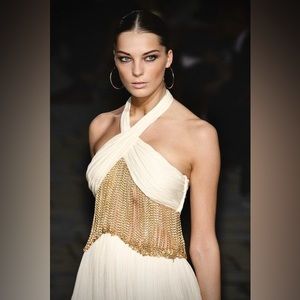 Rare! Roberto Cavalli S/S 2007 Runway Grecian Golden Chain Halter Silk Gown